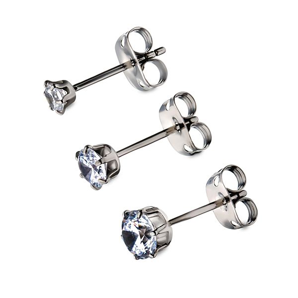 INOX Titanium & Clear CZ Post Earrings - Studs - Click Image to Close